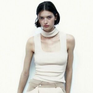 Zara Ecru‎ Sleeveless Cut Out Squared Neck Choker Tank Top Sz L Cotton Blend